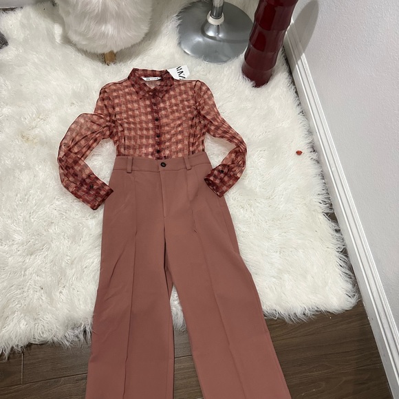 Zara print transparent shirt and wide cropped pants - Picture 8 of 12